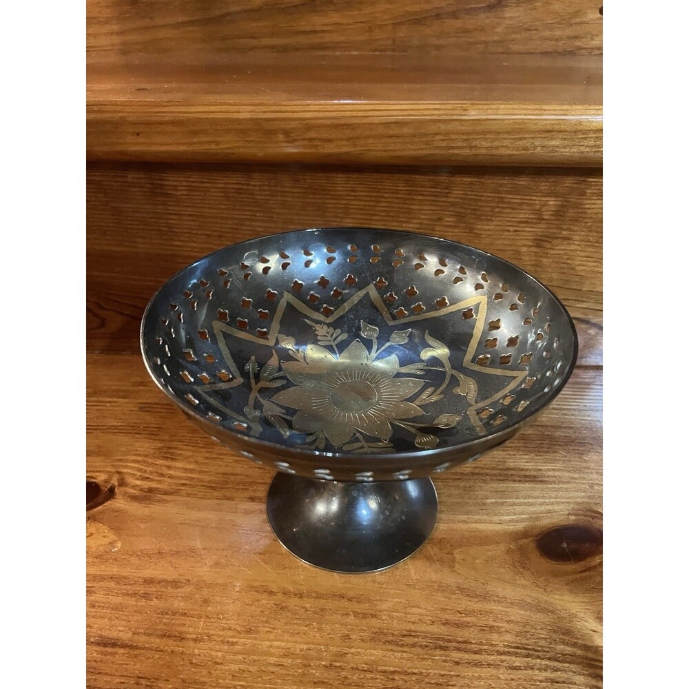 Vintage Brass Pedestal Bowl With Etched Floral Design 5” H x 7.5 W Footed